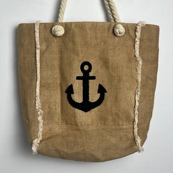 Linen Cotton Beachy Bohemian Anchor Rope Handle Large Beach Bag Market Tote - Picture 2 of 10